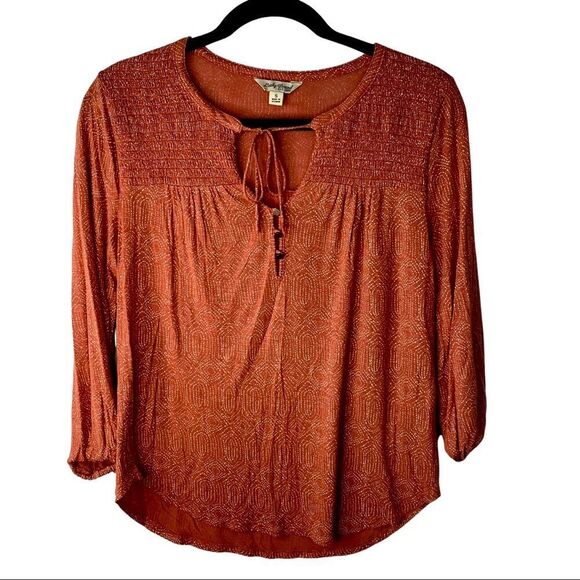 🚨FINAL OFFER Lucky Brand Salmon Colored Peasant Style Blouse Size S - Picture 1 of 11